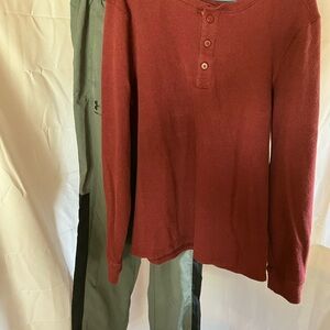 Red Henley Shirt and Gray Pants Set